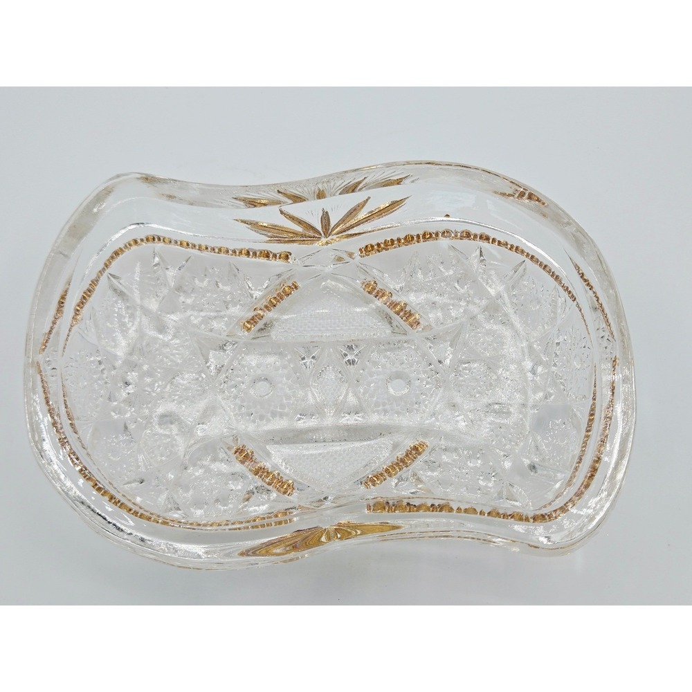 Vintage Pressed Glass Trinket Relish Candy Dish Gold Gilt Sunburst Wavy 6 Inch